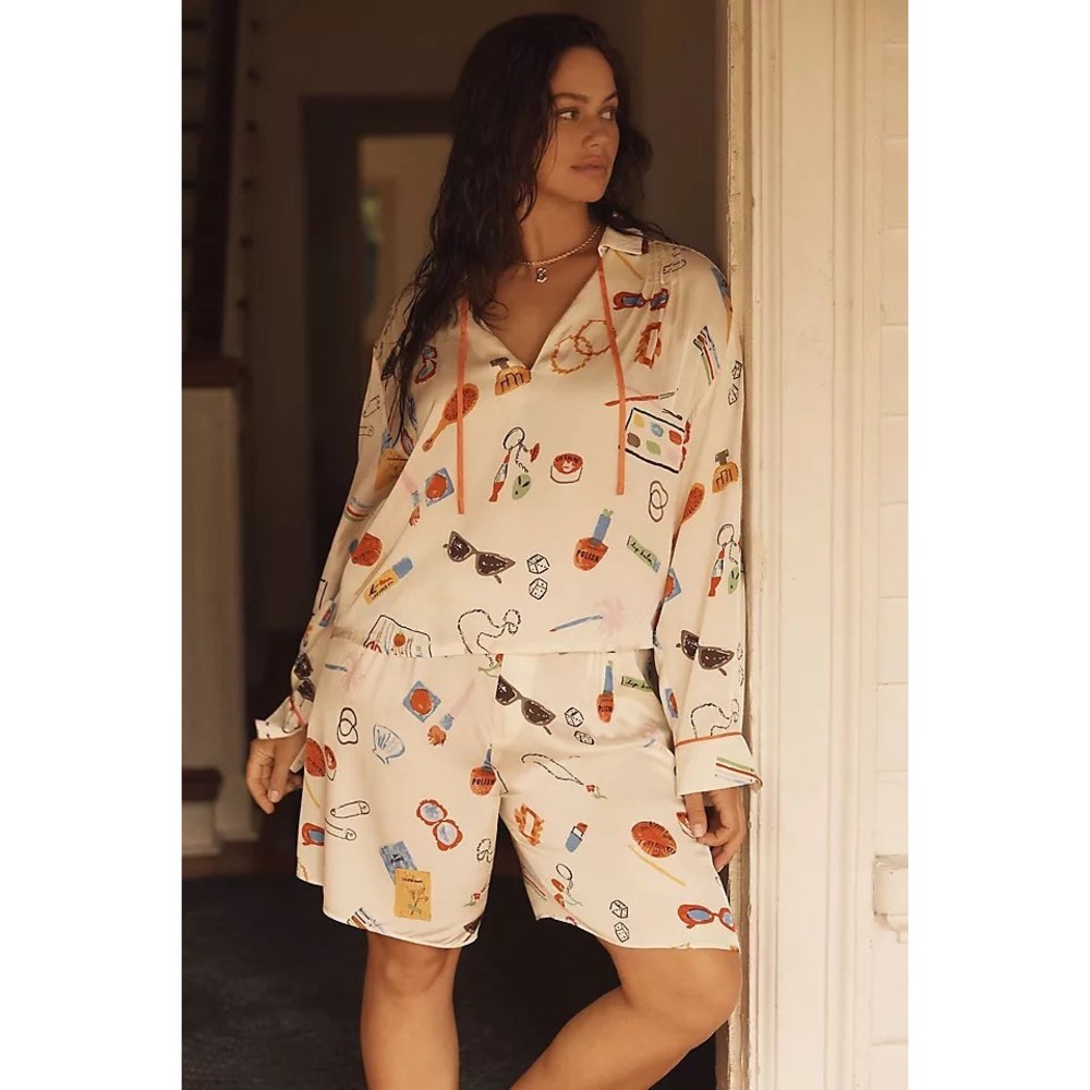 Anthropologie Lyrebird Phthalo Ruth Pajama Set Ivory Novelty Print Top Shorts L